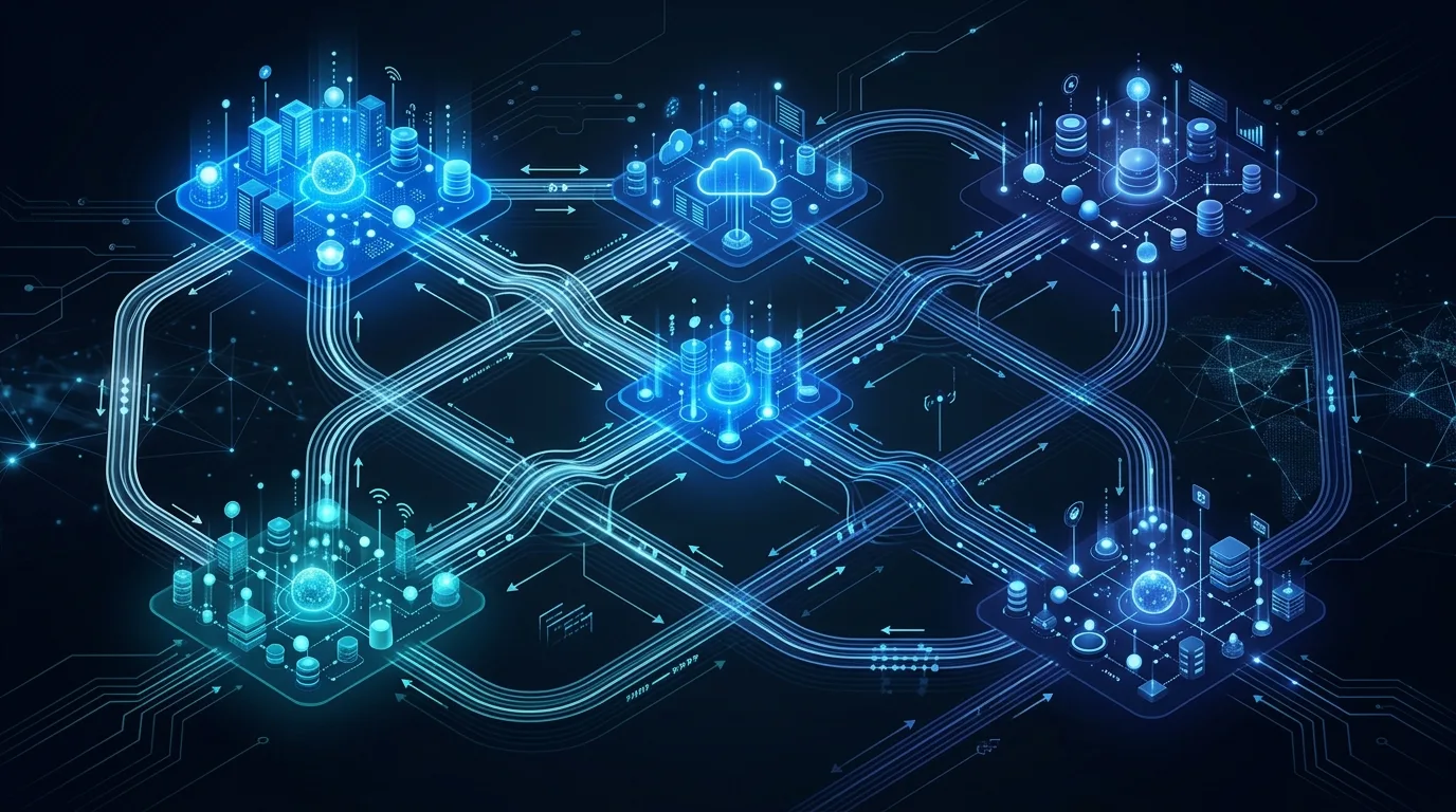 Interconnected data system node clusters bridged by federation pathways on dark background