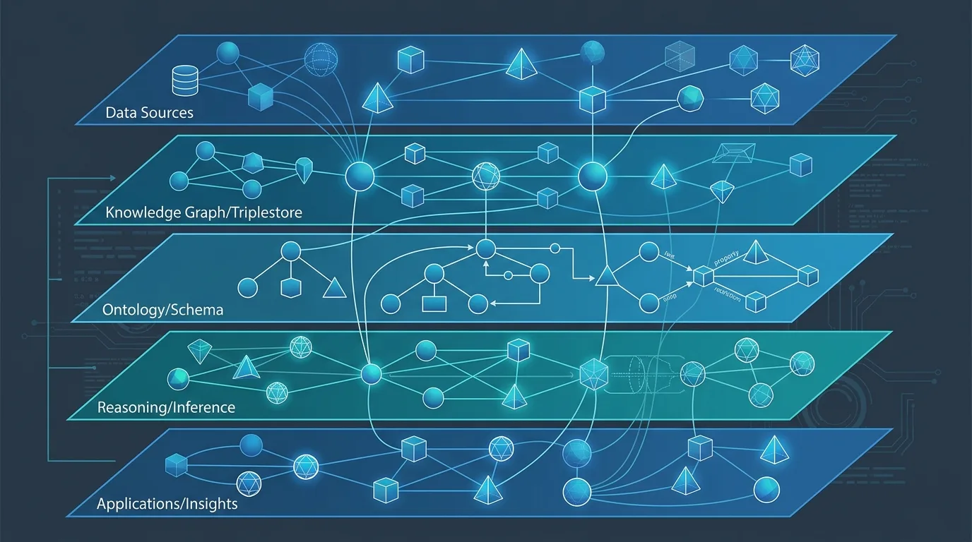 Layered semantic data architecture with ontology class nodes and graph edges in enterprise blue