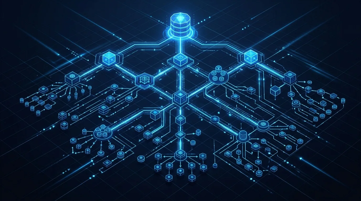 Abstract database architecture nodes in deep navy and electric blue on dark background